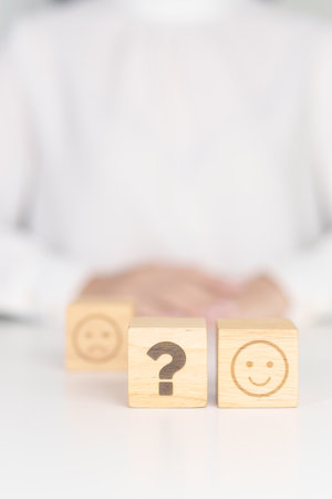 Good Emotion face with Question block, Mental health Assessment, Psychology, Health Wellness, Feedback, Customer Review, Experience, Satisfaction Survey, Opinion, Evaluation and World Mental Healthの写真素材