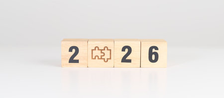 2026 year block with jigsaw puzzle icon. Business Process, Team, teamwork, Goal, mission, Resolution, strategy, plan, Action, partnership, and New Year startの写真素材