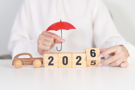 2025 end year to Happy New Year 2026 with red umbrella. car Insurance, Financial, vehicle Repair and...