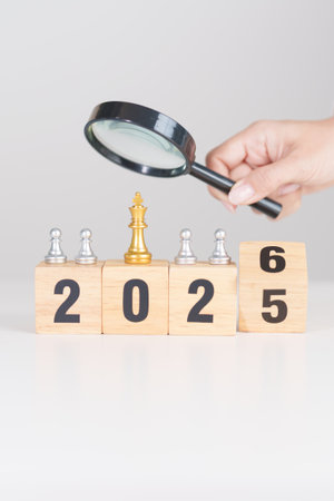 2025 end year to Happy New Year 2026 with magnifying glass and people. hiring, employee, recruitment, job, and jobless, Human resource management, Recruitment, leadershipの写真素材