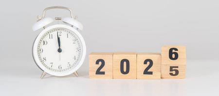 Happy New Year 2026 with vintage alarm clock. Christmas, New Start, Resolution, countdown, Goals, Plan, Action and Motivation Conceptの写真素材