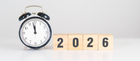 Happy New Year 2026 with vintage alarm clock. Christmas, New Start, Resolution, countdown, Goals,...