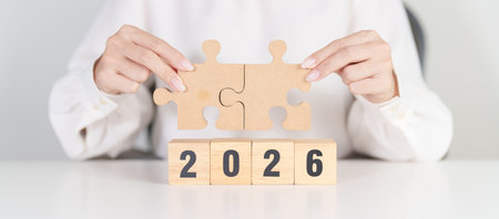 2026 year block with jigsaw puzzle icon. Business Process, Team, teamwork, Goal, mission,...