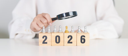 2025 end year to Happy New Year 2026 with magnifying glass and people. hiring, employee, recruitment, job, SEO and jobless, Human resource management, Recruitment, leadership and toxic peopleの写真素材