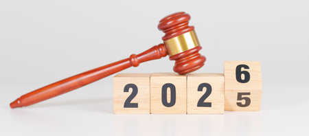 Happy New Year 2026 with judge gavel on table. Law, lawyer, judgment, justice auction and bidding...
