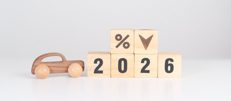 2026 New Year with percentage change to UP and Down arrow with car model. Car loan, Interest rate, Insurance, Financial, vehicle Repair, Automobile Tax, mortgage and Maintenanceの写真素材