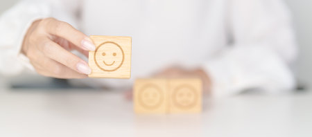 Woman show Emotion face block, Mental health Assessment, Psychology, Health Wellness, Feedback, Customer Review, Experience, Satisfaction Survey, Opinion, Evaluation and World Mental Health dayの写真素材