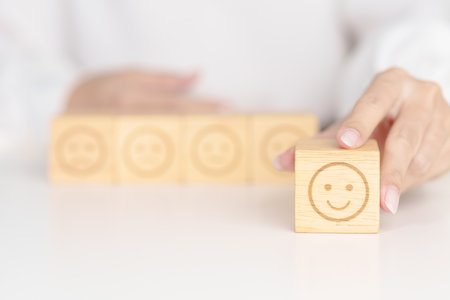 Woman show Emotion face block, Mental health Assessment, Psychology, Health Wellness, Feedback, Customer Review, Experience, Satisfaction Survey, Opinion, Evaluation and World Mental Health dayの写真素材