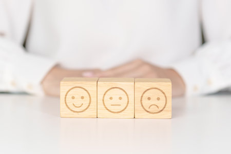 Woman show Emotion face block, Mental health Assessment, Psychology, Health Wellness, Feedback, Customer Review, Experience, Satisfaction Survey, Opinion, Evaluation and World Mental Health dayの写真素材