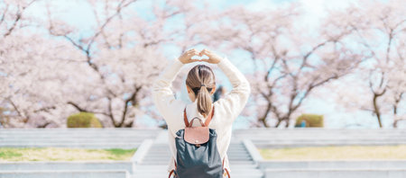 Woman tourist sightseeing Tendo Park or Maizuru Park with Sakura Cherry Blossom in Spring, happy traveler travel in Yamagata prefecture, Tohoku, Japan. famous Landmark for Travel and Vacationの写真素材