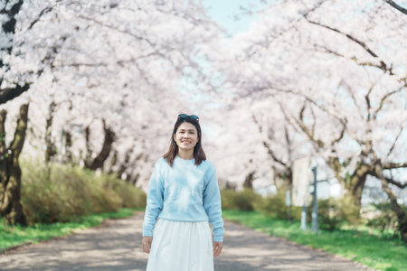 Woman tourist sightseeing Kitakami Tenshochi Park with Sakura Cherry Blossom in Spring, traveler travel in Kitakami festival, Iwate prefecture, Japan. Landmark for Travel and Vacation destinationの写真素材