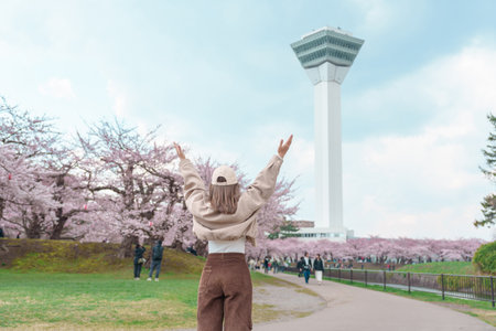 Woman tourist sightseeing Goryokaku Tower park with Sakura Cherry Blossom in Spring, happy traveler travel in Hakodate city, Hokkaido, Japan. famous Landmark, Japan Travel and Vacation destinationの写真素材