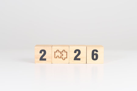 2026 year block with jigsaw puzzle icon. Business Process, Team, teamwork, Goal, mission,...
