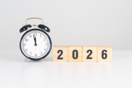 Happy New Year 2026 with vintage alarm clock. Christmas, New Start, Resolution, countdown, Goals, Plan, Action and Motivation Conceptの写真素材