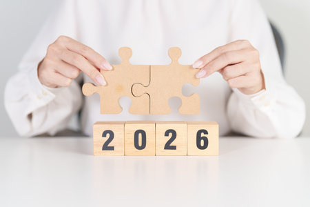 2026 year block with jigsaw puzzle icon. Business Process, Team, teamwork, Goal, mission,...