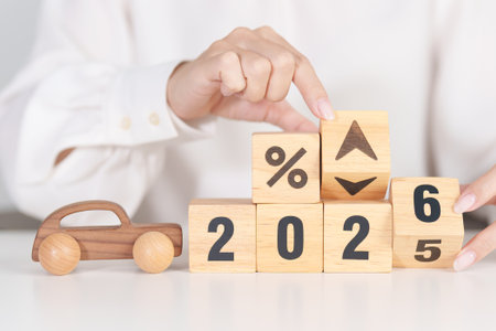 2026 New Year with percentage change to UP and Down arrow with car model. Car loan, Interest rate,...