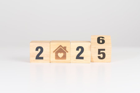2025 end year to Happy New Year 2026 with Home and Heart block. Property investment, House Mortgage,...