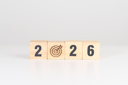 2026 year block with dartboard icon. Goal, Target, Resolution, strategy, plan, Action, mission, motivation, and New Year start conceptsの写真素材