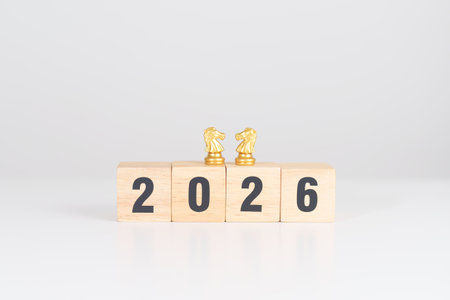 Happy New Year 2026 year block with horse chess. Year of the Horse, animals of the Chinese zodiac, horoscope, success and good fortuneの写真素材