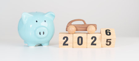 End year to New Year 2026 with car model and Coins Money stack for deposit and Tax. Money Saving,...