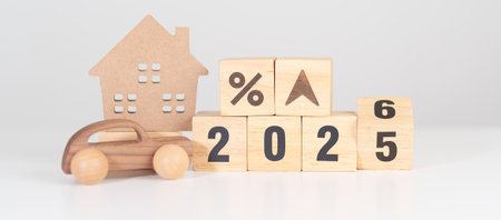 2026 New Year with percentage change to UP and Down arrow with car and Home model. Car loan, Interest rate, real estate, house, Insurance, Financial, Tax, mortgage and Maintenanceの写真素材