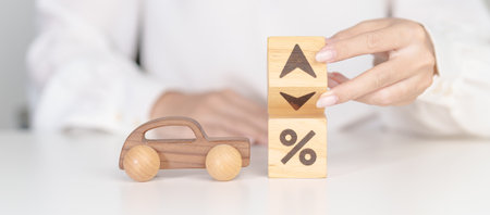 Percentage block change to UP and Down arrow with car model. Car loan and debt, Interest rate, Insurance, Financial, vehicle Repair, Automobile Tax, mortgage and economic recessionの写真素材