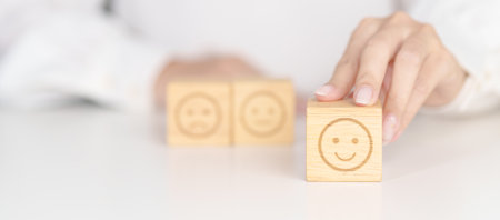 Woman show Emotion face block, Mental health Assessment, Psychology, Health Wellness, Feedback, Customer Review, Experience, Satisfaction Survey, Opinion, Evaluation and World Mental Health dayの写真素材