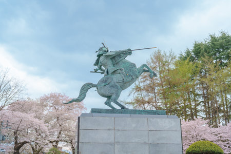 Kajo Park Yamagata Castle Ruins with Sakura Cherry Blossom in Spring season, famous landmark in Yamagata prefecture, Tohoku, Japan. Travel and Vacation in Japan conceptの写真素材