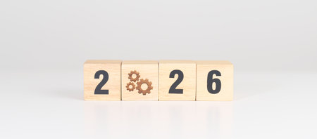 2026 year block with gear icon. Business Process, Team, teamwork, Goal, Target, Resolution,...