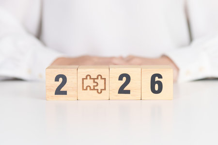 2026 year block with jigsaw puzzle icon. Business Process, Team, teamwork, Goal, mission,...