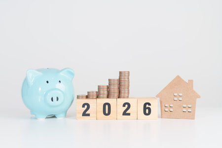 Happy New Year 2026 with house model and Coins stack. real estate, Home loan, tax, investment,...