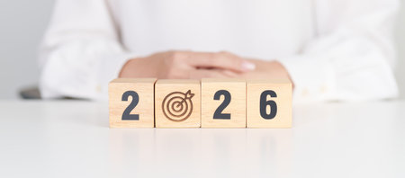 2026 year block with dartboard icon. Goal, Target, Resolution, strategy, plan, Action, mission,...