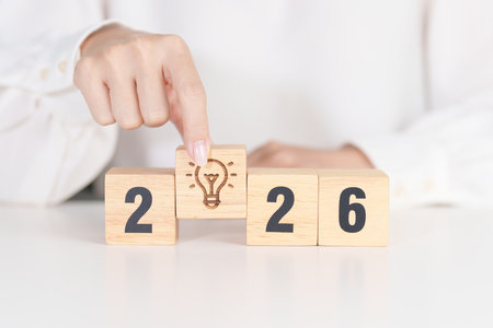 2026 year block with lightbulb. Business Idea, Creative, Thinking, brainstorm, Goal, Resolution,...