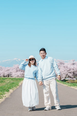 Couple tourist sightseeing Kitakami Tenshochi Park with Sakura Cherry Blossom in Spring, traveler travel in Kitakami festival, Iwate prefecture, Japan. Landmark for Travel and Vacation destinationの写真素材