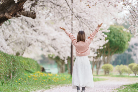 Woman tourist sightseeing Kajo Park Yamagata Castle Ruins with Sakura Cherry Blossom in Spring,...
