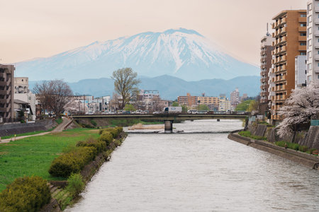 Beautiful Iwate mountain and Kitakami river with flowers blooming in Spring season, cityscape against blue sky in Morioka city, Iwate prefecture, Japan. famous Landmark Travel and Vacation destinationの写真素材