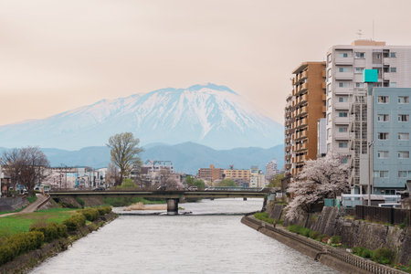 Beautiful Iwate mountain and Kitakami river with flowers blooming in Spring season, cityscape against blue sky in Morioka city, Iwate prefecture, Japan. famous Landmark Travel and Vacation destinationの写真素材