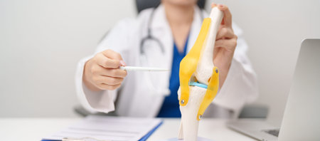 Doctor with Human Knee joint anatomy model. Osteoarthritis, Patellofemoral Pain Syndrome, Patellar...