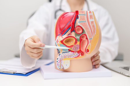 Doctor with Male Reproductive System anatomy model. Male consultation, Prostate Cancer, Enlarged...