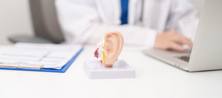 Doctor with human Ear anatomy model. Ear disease, Atresia, Otitis Media, Pertorated Eardrum, Meniere...