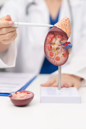 Doctor with Kidney Adrenal gland anatomy model. disease of Urinary system and Stones, Cancer, world...