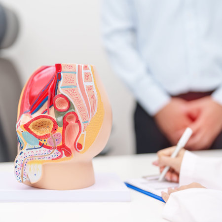 Doctor with Male Reproductive System anatomy model. Male consultation, Prostate Cancer, Enlarged...