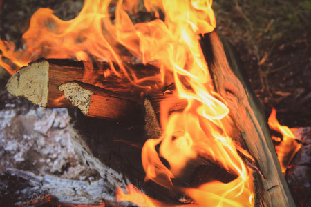 Glowing camping fire at night
