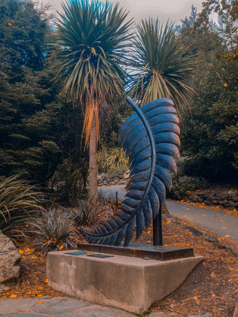 Silver fern sculpture at Queenstown Garden, in Queenstown, South Island, New Zealandの写真素材