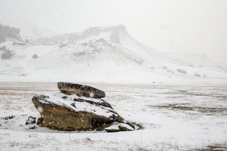Castle Hill landscape covered in snow, South Island, New Zealandの写真素材