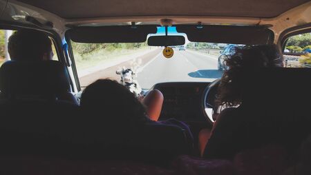 friends driving in van in Weastern Australia, Australiaの写真素材
