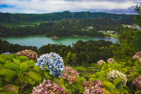 View over Sete Cidades Lakes on a cloudy day, Sao Miguel Island, Azores, Portugal