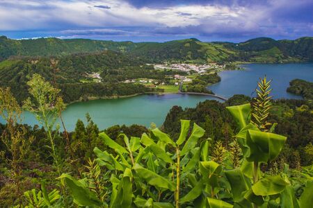 View over Sete Cidades Lakes on a cloudy day, Sao Miguel Island, Azores, Portugalの写真素材