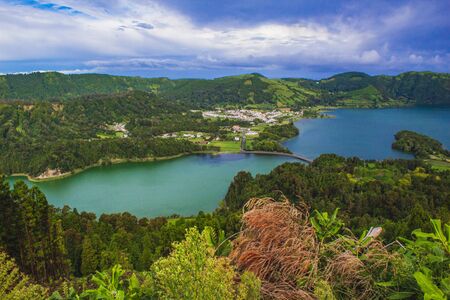 View over Sete Cidades Lakes on a cloudy day, Sao Miguel Island, Azores, Portugalの写真素材
