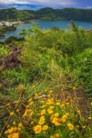 View over Sete Cidades Lakes on a cloudy day, Sao Miguel Island, Azores, Portugalの写真素材